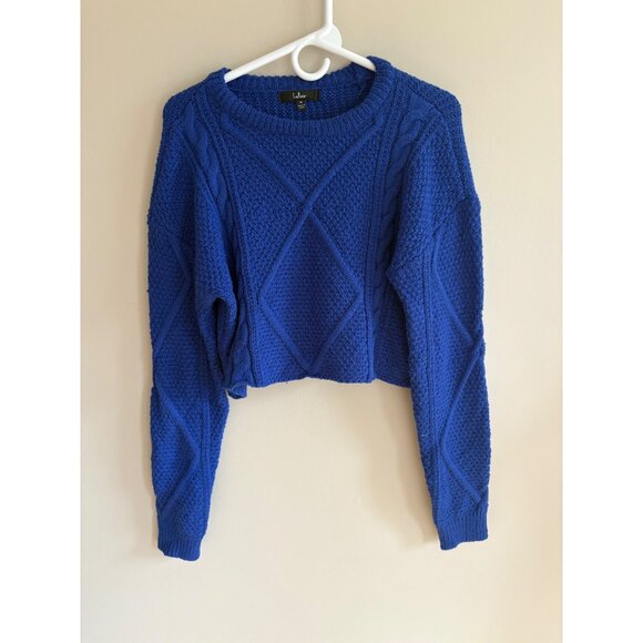 Lulu’s NWT Flirtatious Season Cobalt Blue Cable Knit Cropped Sweater Size Medium - Picture 2 of 7
